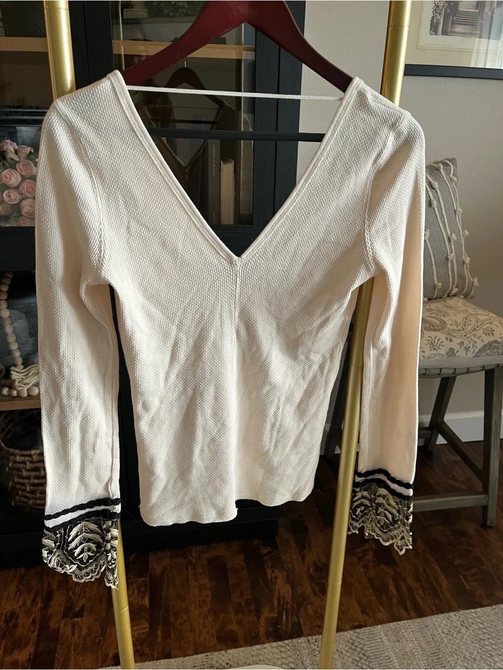 Free People Cream Textured V-Neck Knit Top